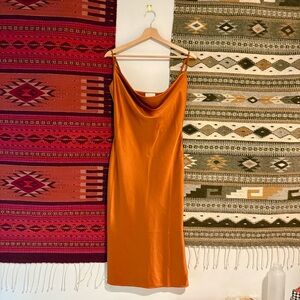 Meshki Burnt Orange Satin Cowl Neck Midi Dress